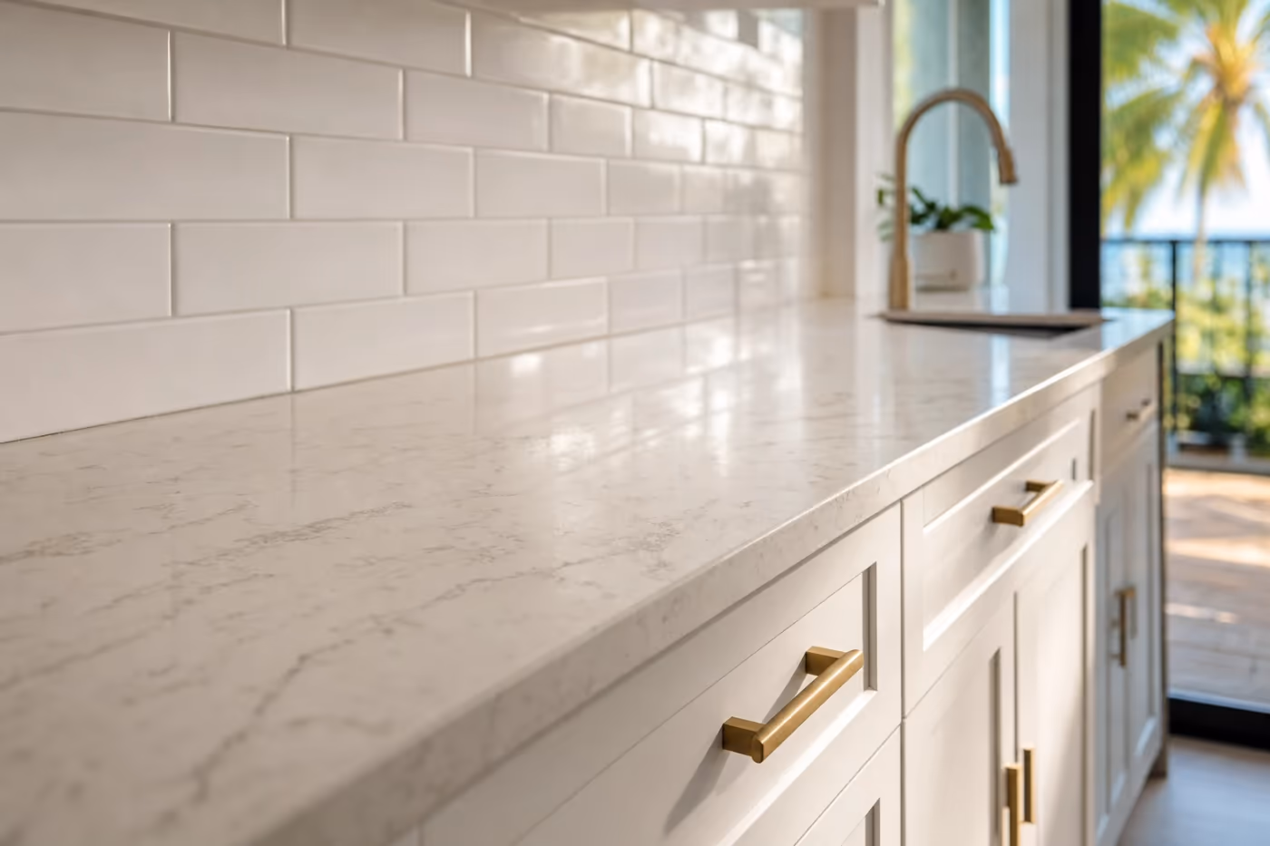 Wide view of a refreshed Florida kitchen with new counters, subway backsplash, brass hardware, and updated lighting