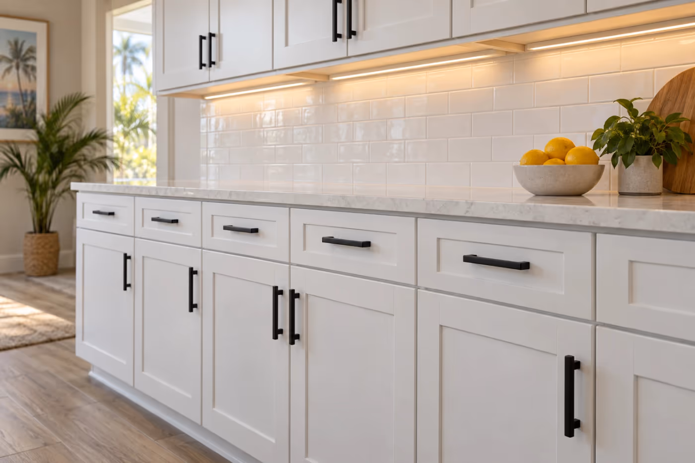 White shaker kitchen base cabinets with matching matte black pulls lined up on every drawer and door, and warm under-cabinet lights glowing on a white subway tile backsplash