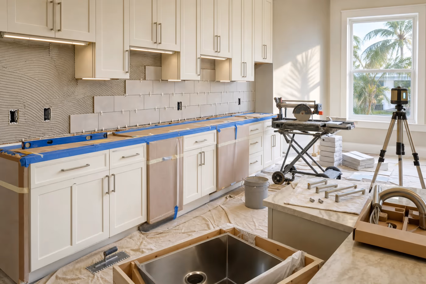 Kitchen refresh in progress in a Florida home, with backsplash tile partially set, countertop tear-out staged, and new hardware and lighting materials ready for install