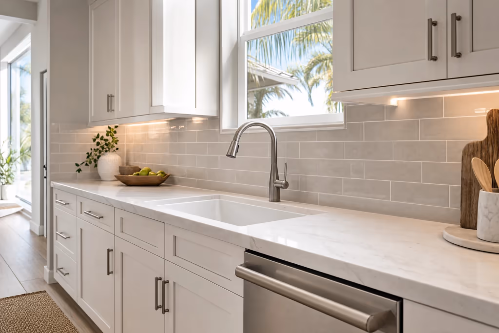 Close view of a finished Florida kitchen refresh with a crisp new tile backsplash, quartz counters, updated sink and faucet, and aligned cabinet hardware