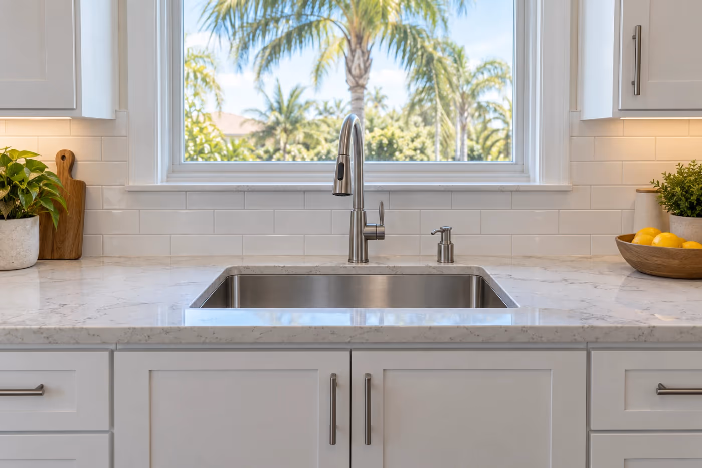 A new stainless undermount kitchen sink in a light quartz countertop with a stainless pull-down faucet and a matching soap dispenser, white shaker cabinets below and a window with palm trees above