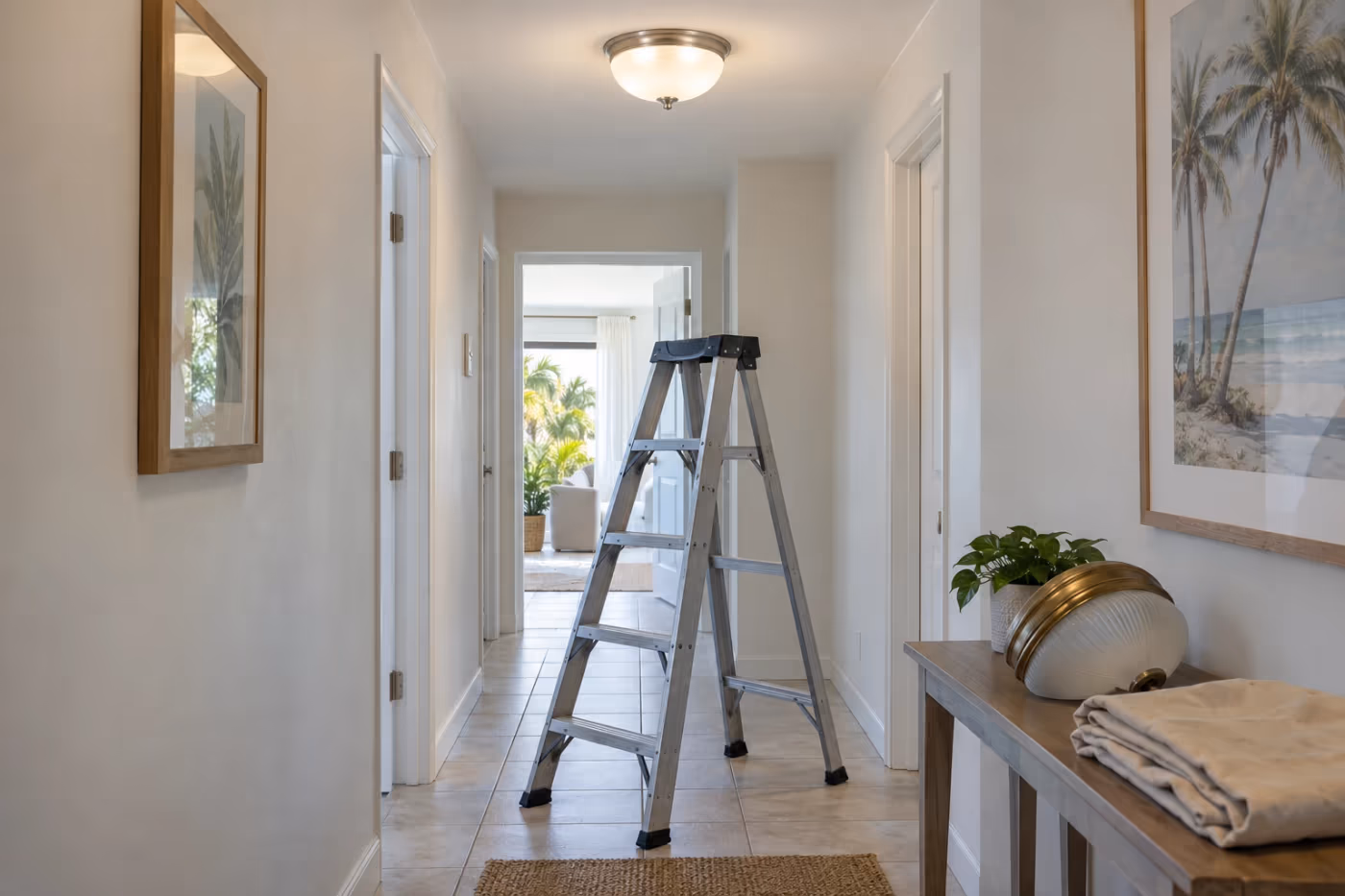 A new satin nickel flush mount light with a white glass shade lit on the ceiling of a Florida hallway, a stepladder below it and the old brass dome fixture resting on a console table