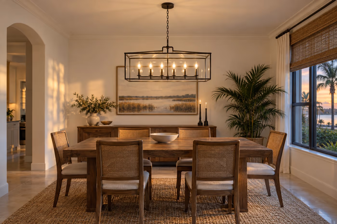 A black iron and glass chandelier hanging level from one round canopy centered above a wood dining table in a Florida dining room, its lights on