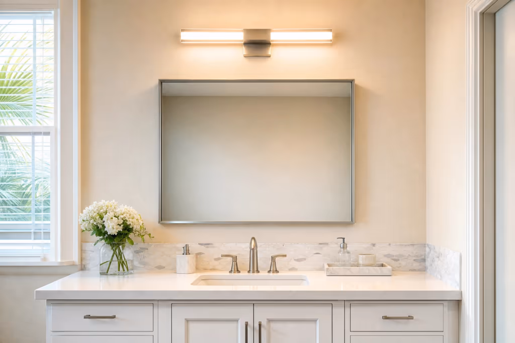 Finished bathroom vanity wall in a Florida home with a centered mirror, vanity light bar above, and a clean sink and counter below