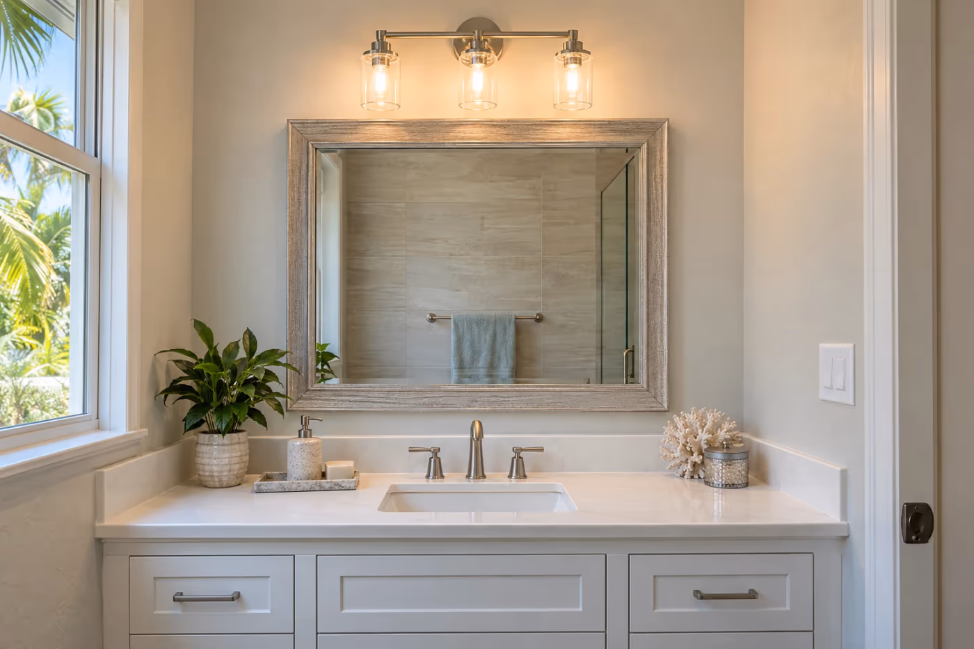 A brushed nickel three light vanity bar lit above a framed mirror, centered over a white single sink vanity in a tidy Florida bathroom