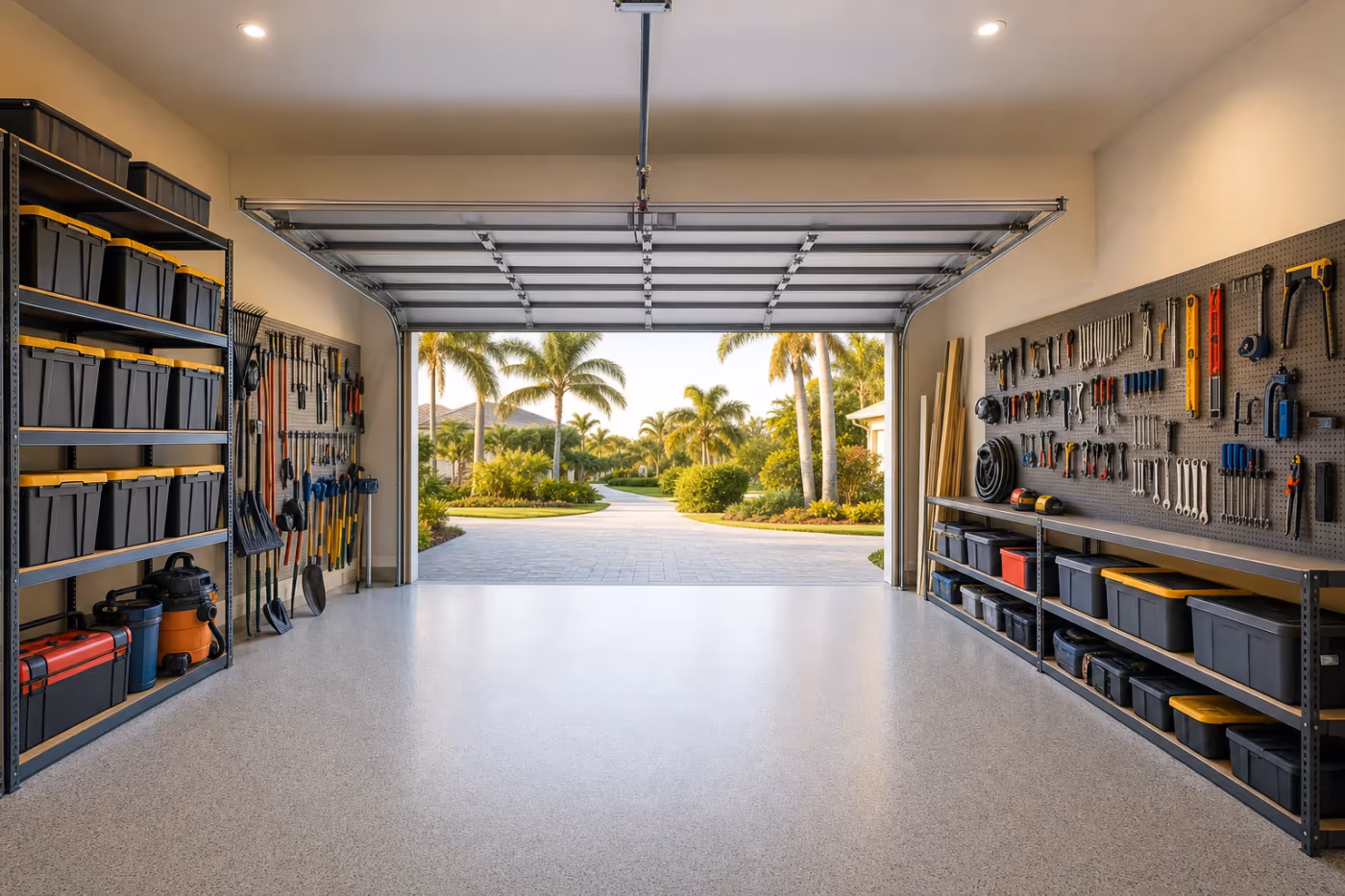 Wide cinematic view of a finished Florida garage showcase with wall shelving, pegboard storage, epoxy floor, and open standard garage door to bright daylight