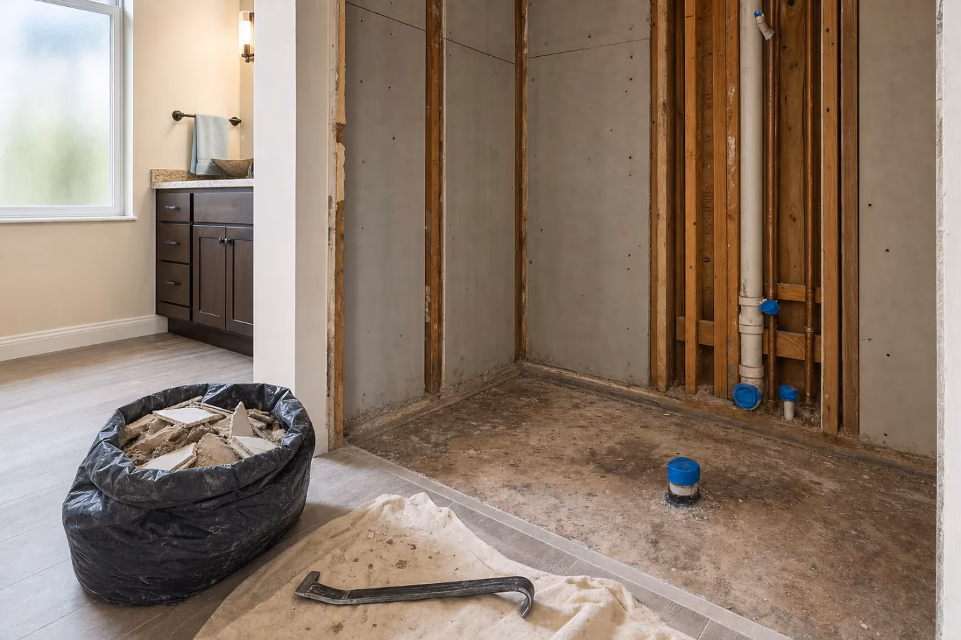 Mid-demo tub-to-shower alcove in a Florida bathroom stripped to studs and cement board for an accessibility conversion, with capped plumbing and a pry bar on a drop cloth