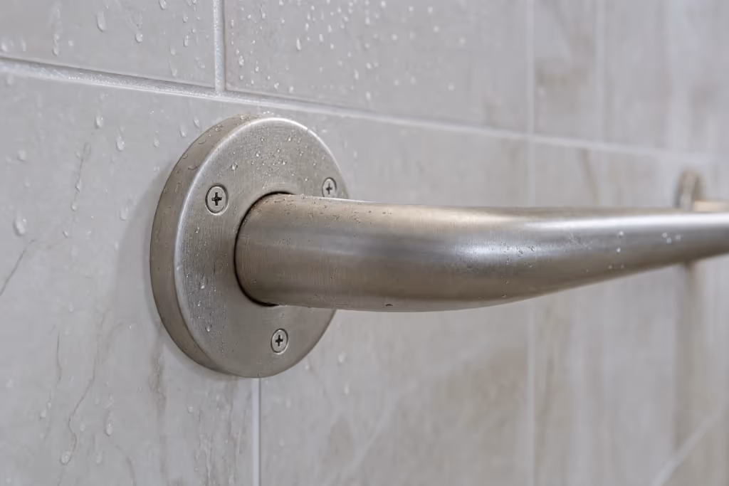 Close-up of a finished stainless steel grab bar bolted to a tiled shower wall in a Florida home, water beading on the tile