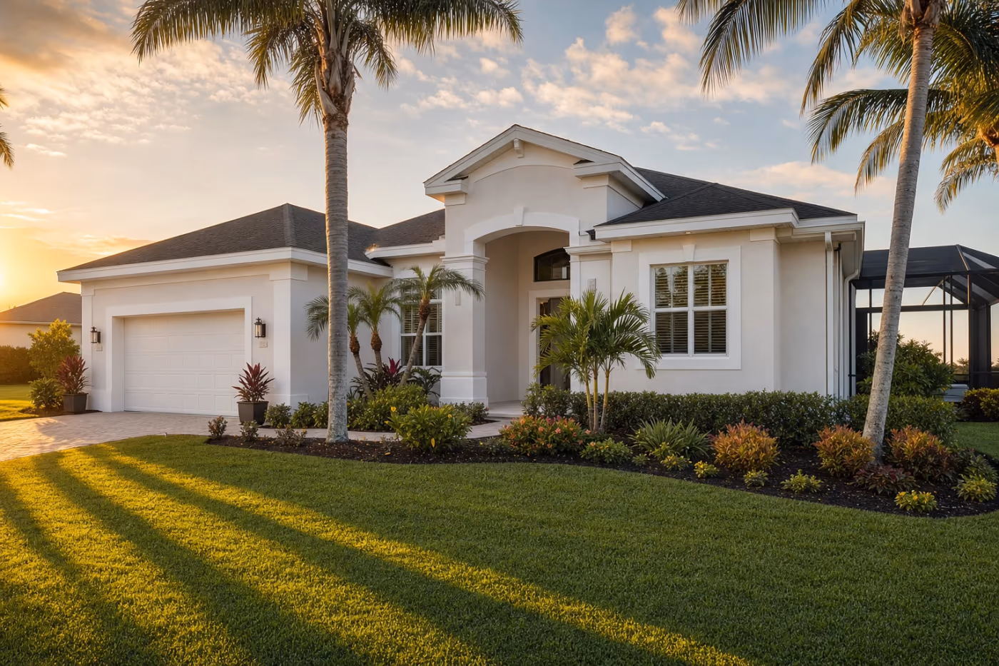 Wide view of a freshly painted Florida stucco home exterior glowing in golden-hour light