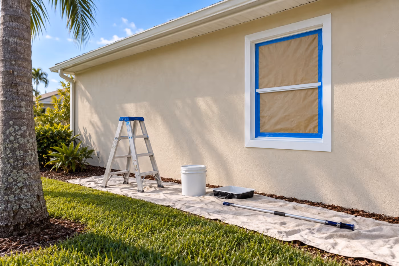 The side of a single story Florida home with a freshly painted sand-colored stucco wall, a window masked with paper and tape, and a drop cloth with a bucket and roller tray along the base
