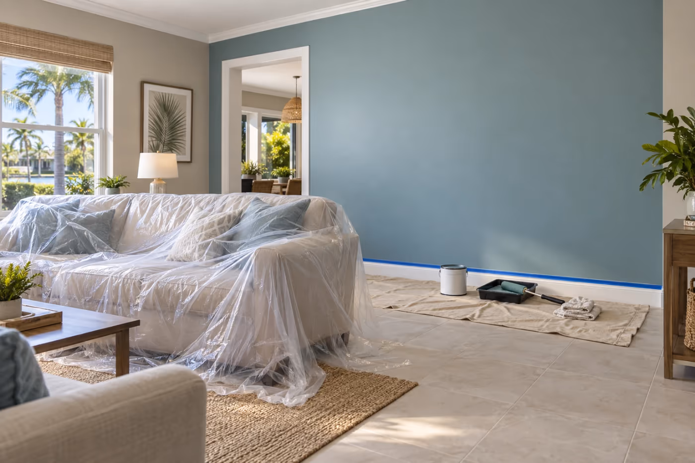A freshly painted living room with a blue-green accent wall, the sofa covered in plastic, and a drop cloth with a paint can, roller tray, and rag on the tile floor