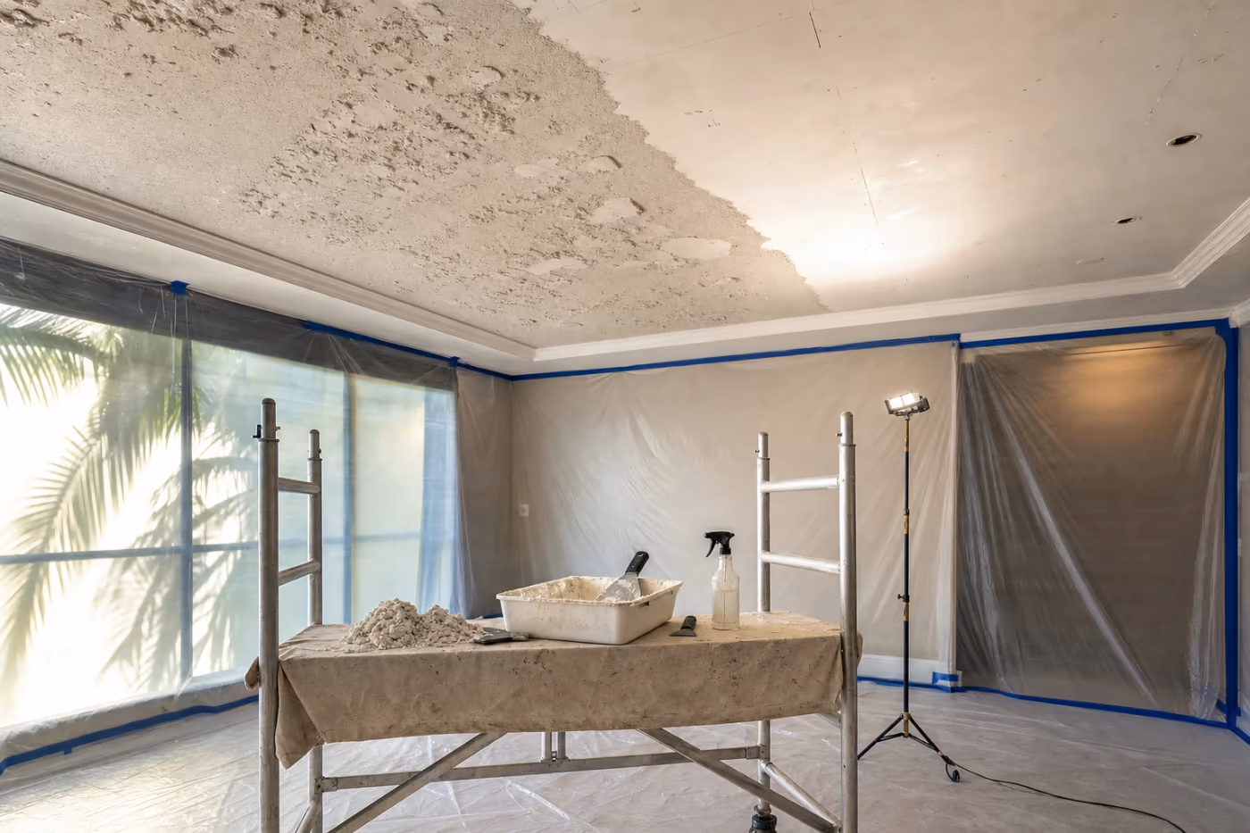 Popcorn ceiling removal in progress in a Florida home, with plastic containment, scaffolding, and freshly scraped ceiling sections mid-job