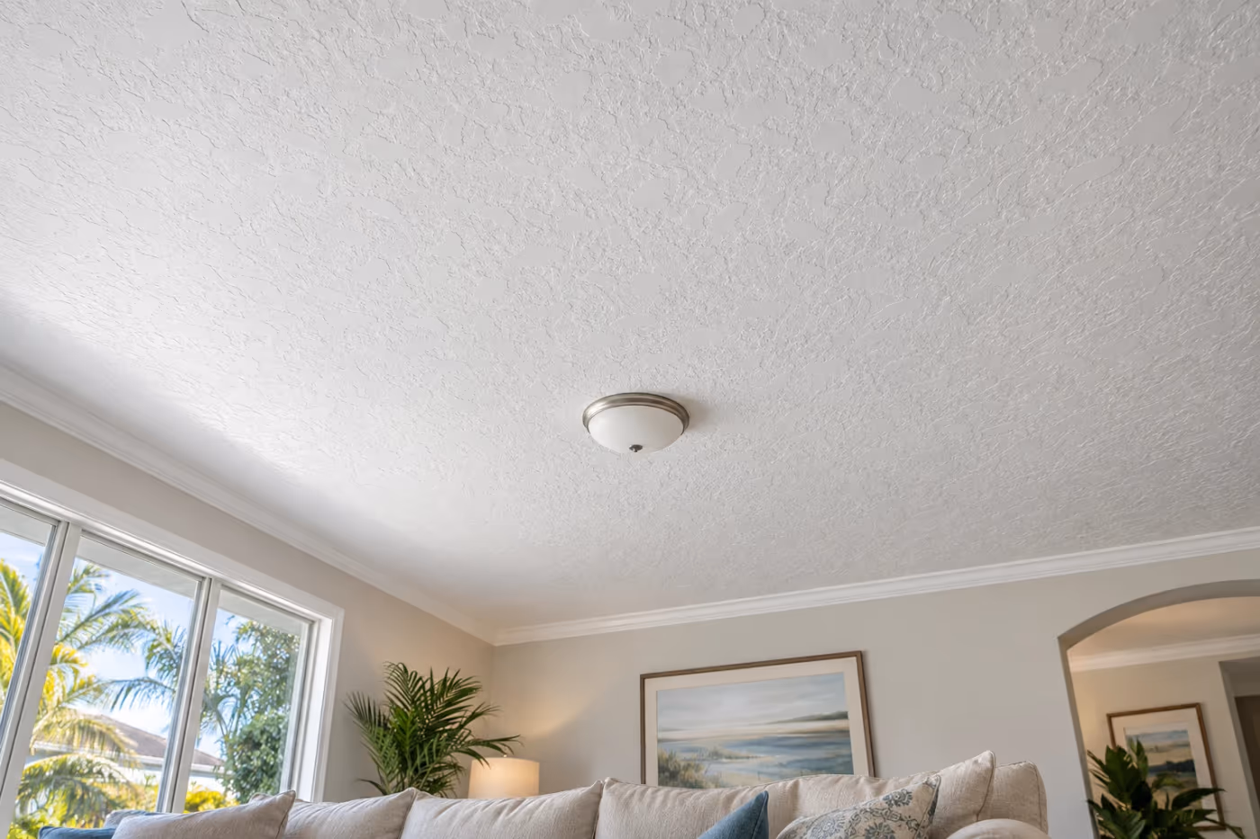 A finished white knockdown texture ceiling in a bright Florida living room, the flattened pattern showing in the window light, with a flush-mount light and white crown molding