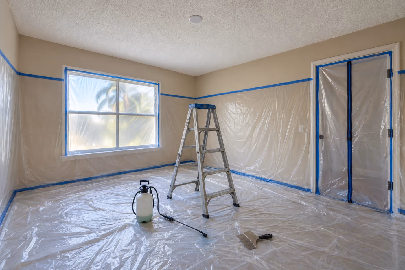 An empty bedroom sealed for popcorn ceiling removal, with plastic sheeting on the floor and walls, a zipper door in the doorway, a step ladder, a pump sprayer, and a wide drywall knife under the textured ceiling
