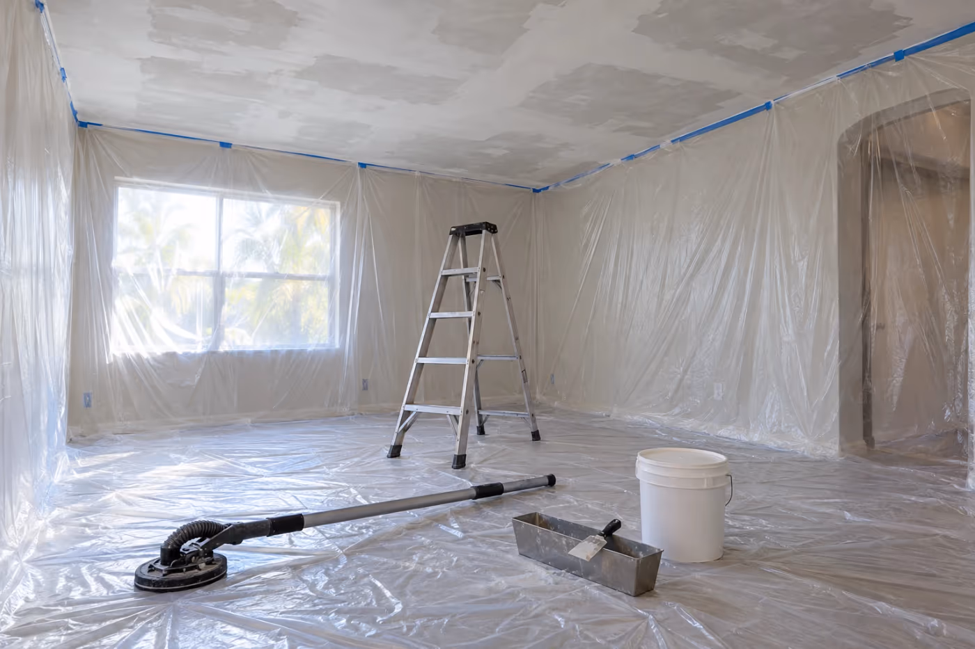 A scraped living room ceiling with a fresh skim coat of joint compound drying in pale patches, plastic on the floor, a pole sander, a mud pan with a knife, and a step ladder