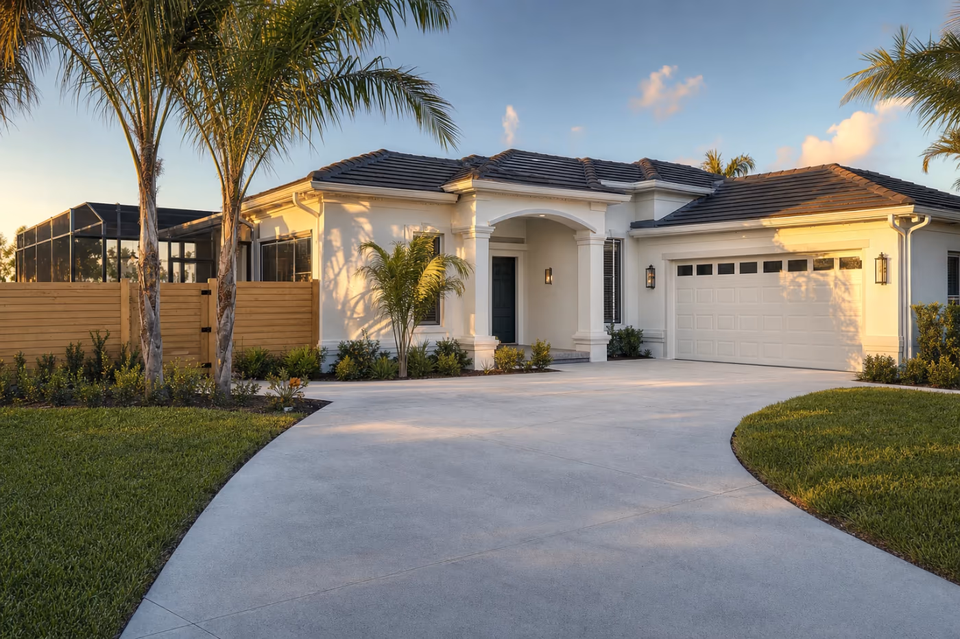 Wide view of a freshly washed Florida home exterior with bright stucco, a clean driveway, and a walkway under coastal daylight