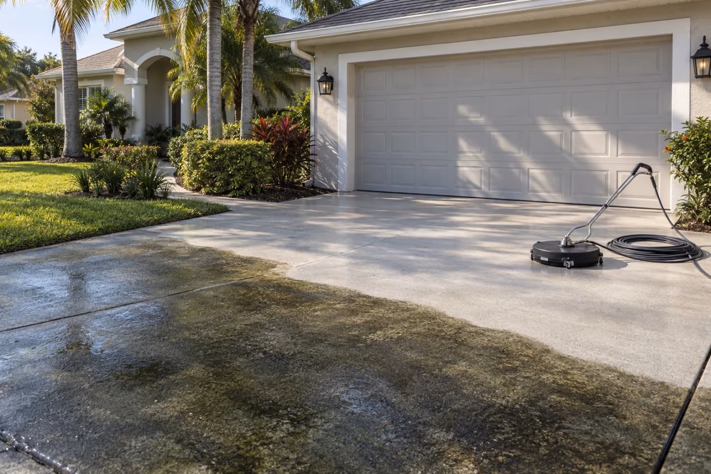 Concrete driveway in front of a Florida stucco home, the half near the garage washed clean and light gray, the half near the street still dark with mildew, a flat surface cleaner resting on the clean concrete