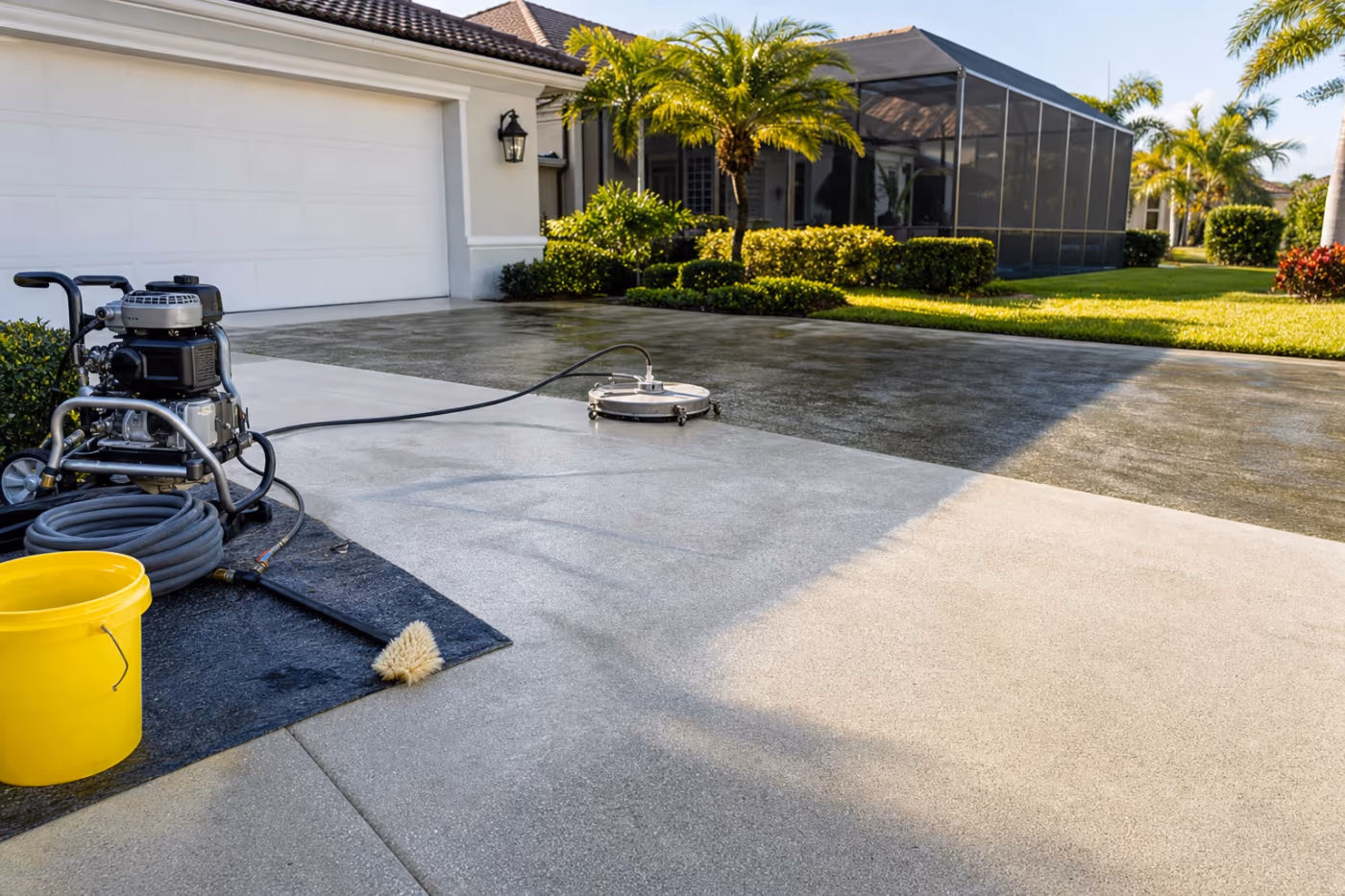 Pressure washing in progress on a Florida concrete driveway, with a surface cleaner and hoses staged beside the half of the slab already washed clean of algae