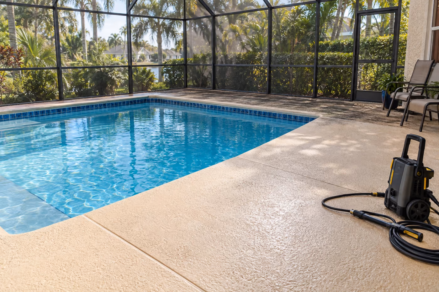 Screened Florida pool lanai with a tan textured cool deck, the near part freshly washed clean and the far corner by the chairs still dark with mildew, a pressure washer resting on the clean deck