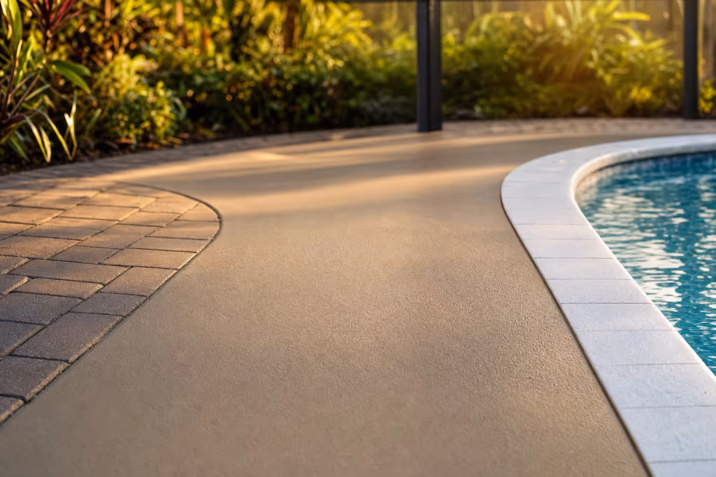 Close view of a clean Florida pool deck after pressure washing, with the cool deck surface and paver border free of algae