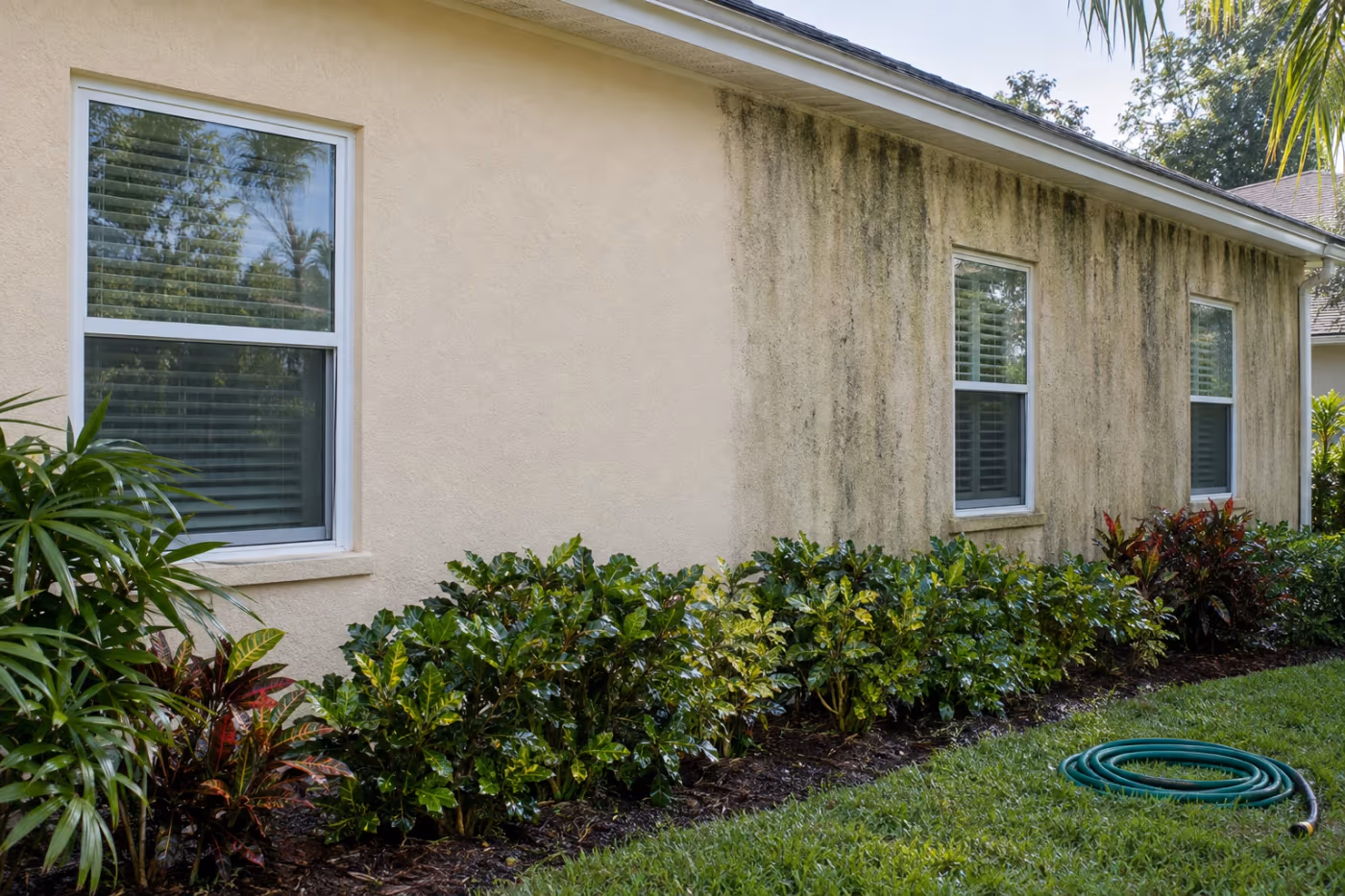 Shaded side of a Florida home with beige stucco walls, the left part clean after a soft wash and the right part still streaked with dark mildew from the roofline down, wet shrubs along the base