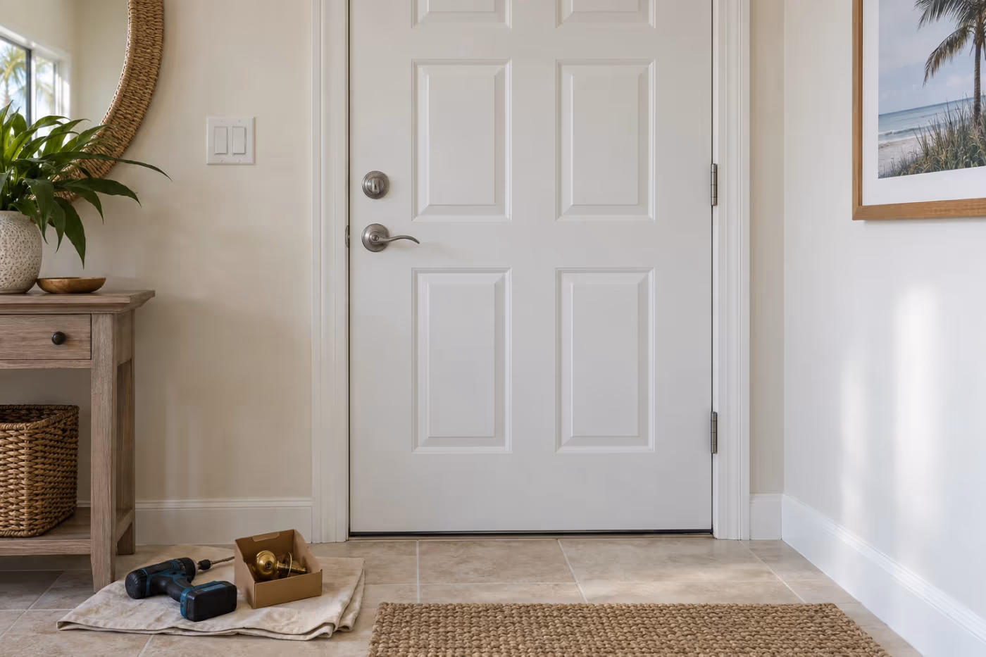 The inside of an apartment front door with a new satin nickel lever handle and matching deadbolt installed, a cordless drill on a drop cloth below, and a small box holding the old brass doorknob