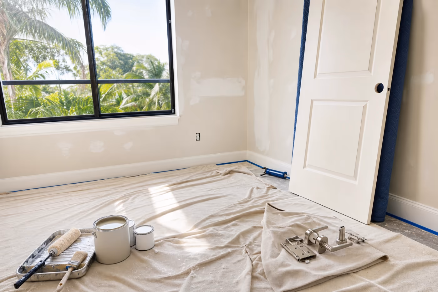 In-progress unit make-ready in a Florida rental: freshly patched drywall, paint trays and rollers staged, new lockset hardware laid out on drop cloths in an empty bedroom ready for turnover