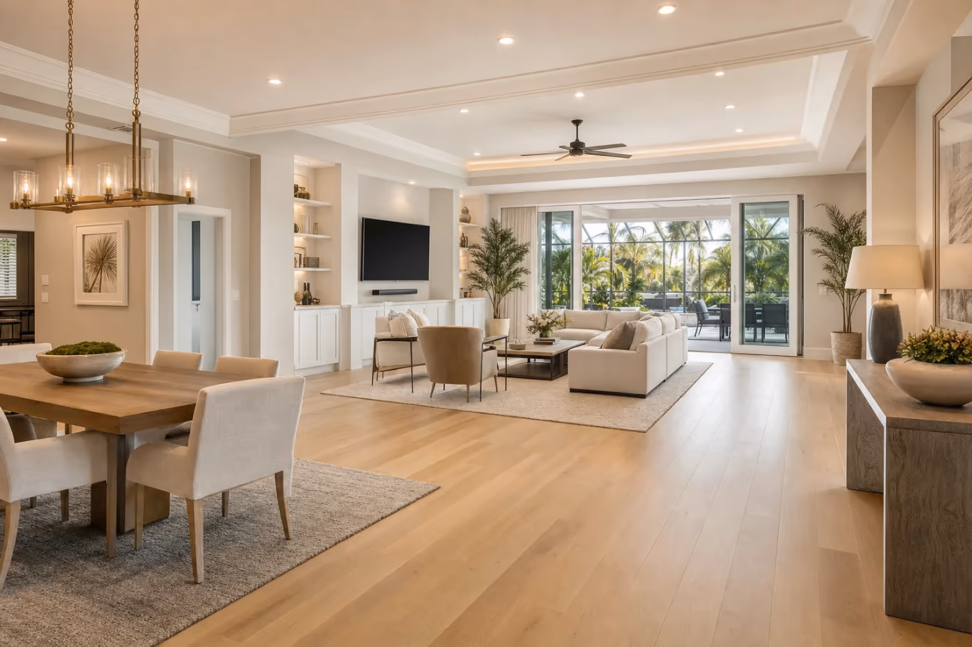Wide cinematic view of a finished Florida home remodel showing an open living and dining space with new flooring, crown molding, and bright natural light