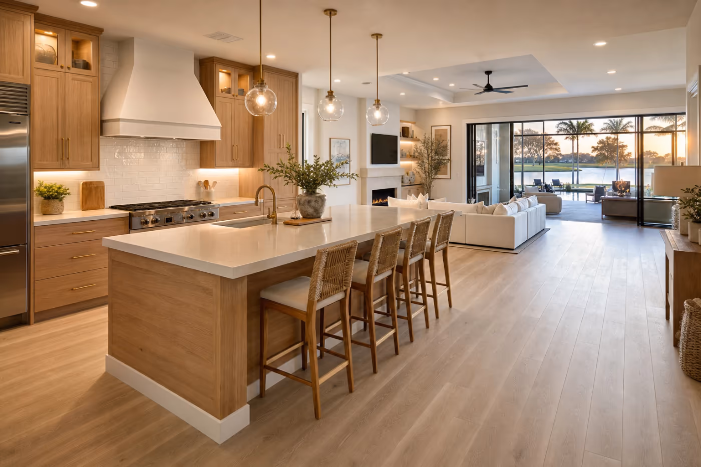 Wide cinematic view of a refreshed Florida open kitchen and living area with new flooring, counters, and backsplash