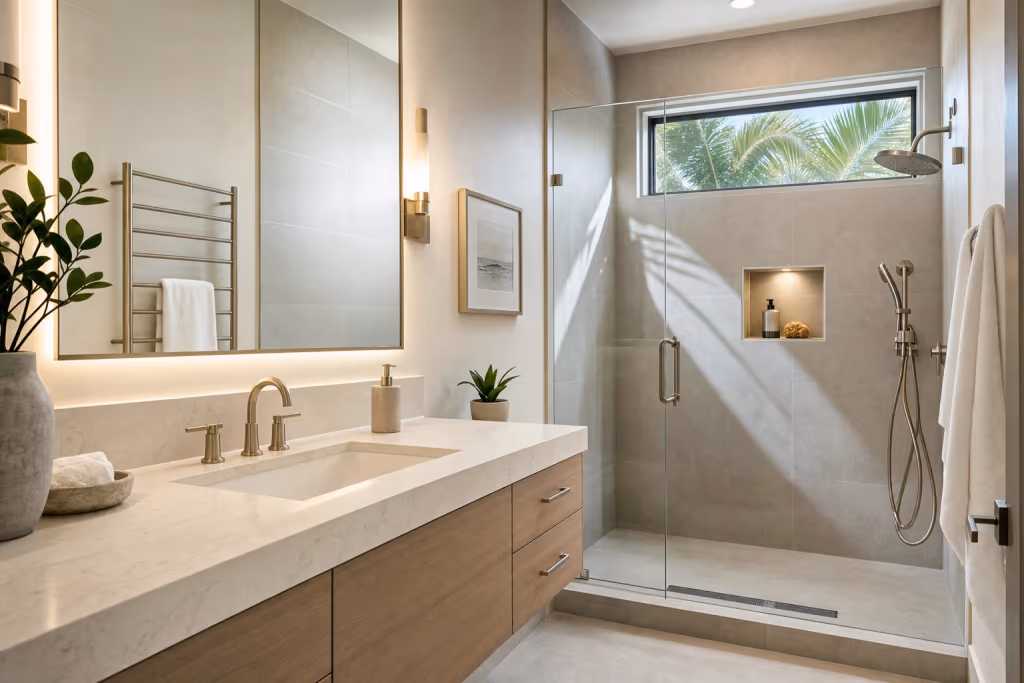 Finished luxury Florida bathroom after a full remodel, featuring a walk-in shower, clean tile, and refined fixtures