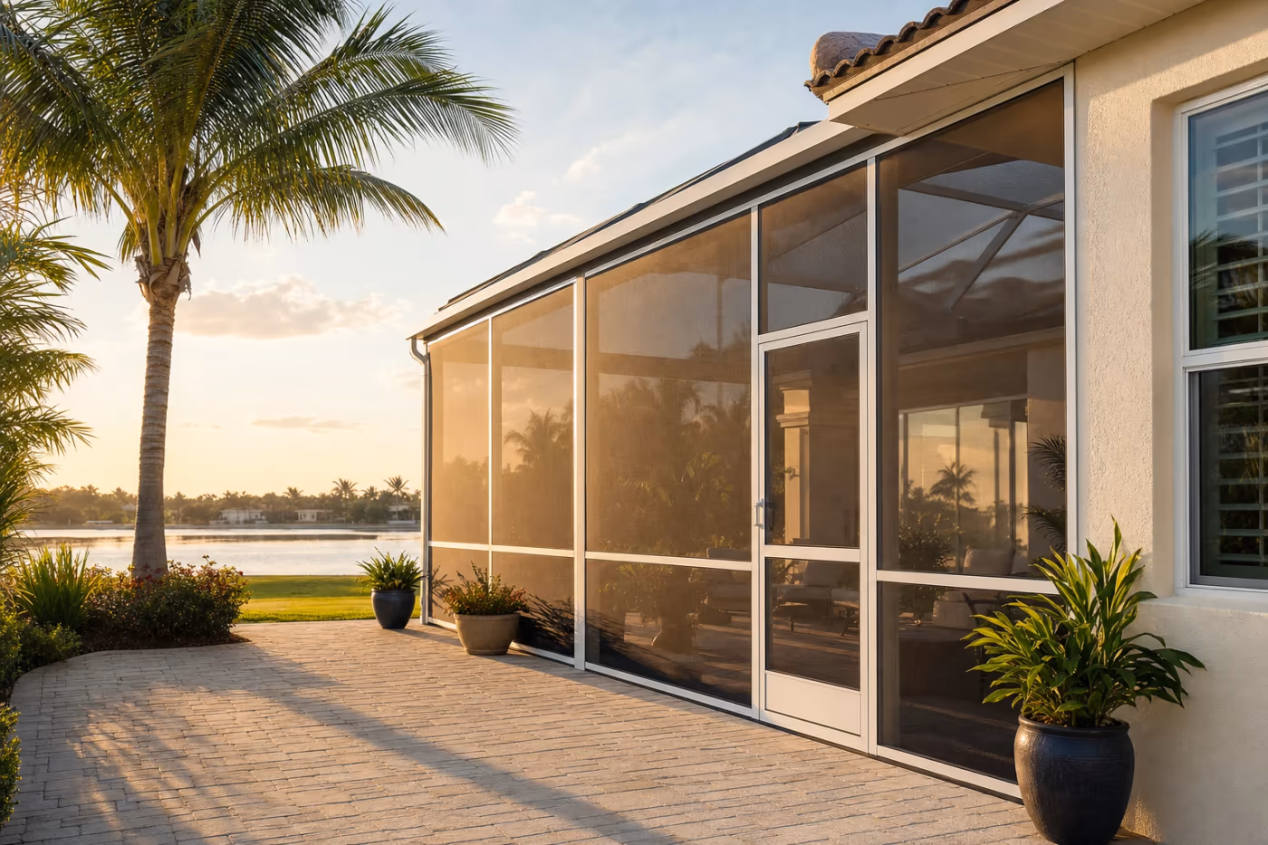 Wide view of a Florida home lanai and patio with fully repaired, tight screens glowing in late-afternoon light