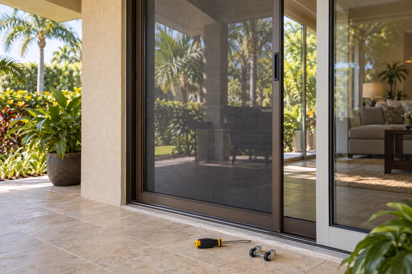 A bronze sliding screen door sitting straight on its track at the edge of a covered Florida lanai, tight charcoal mesh, with a screwdriver and a small pair of new rollers resting on the tile beside the track