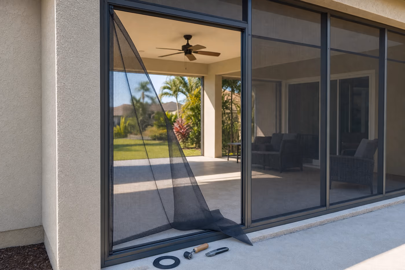 Lanai screen panel mid-repair on a Florida patio, with one aluminum bay open for new mesh and spline tools staged on the deck