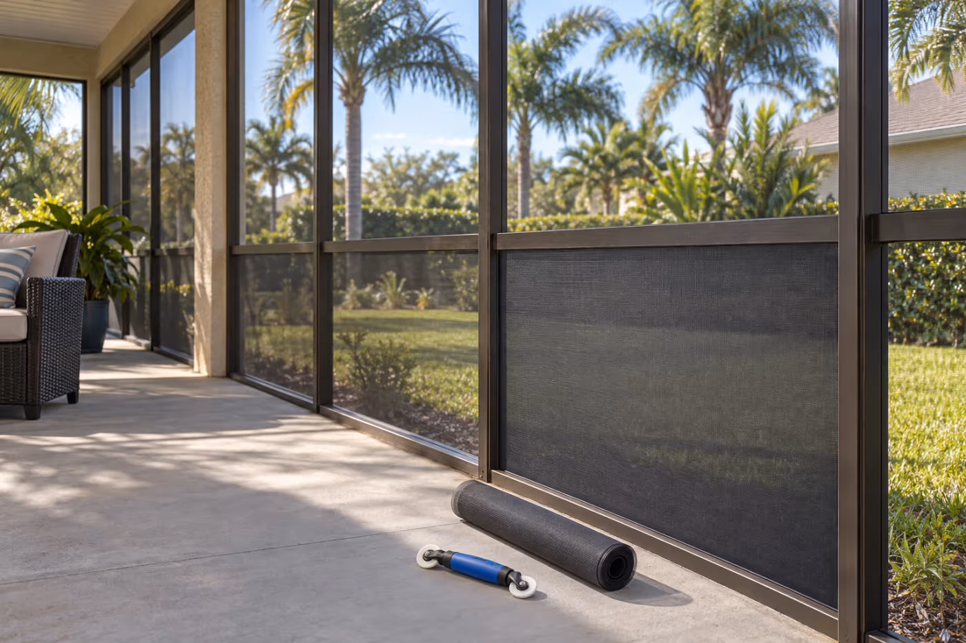 The side wall of a screened Florida porch with bronze aluminum frames and dark charcoal mesh, one lower panel freshly rescreened, a spline roller and a roll of mesh on the concrete floor