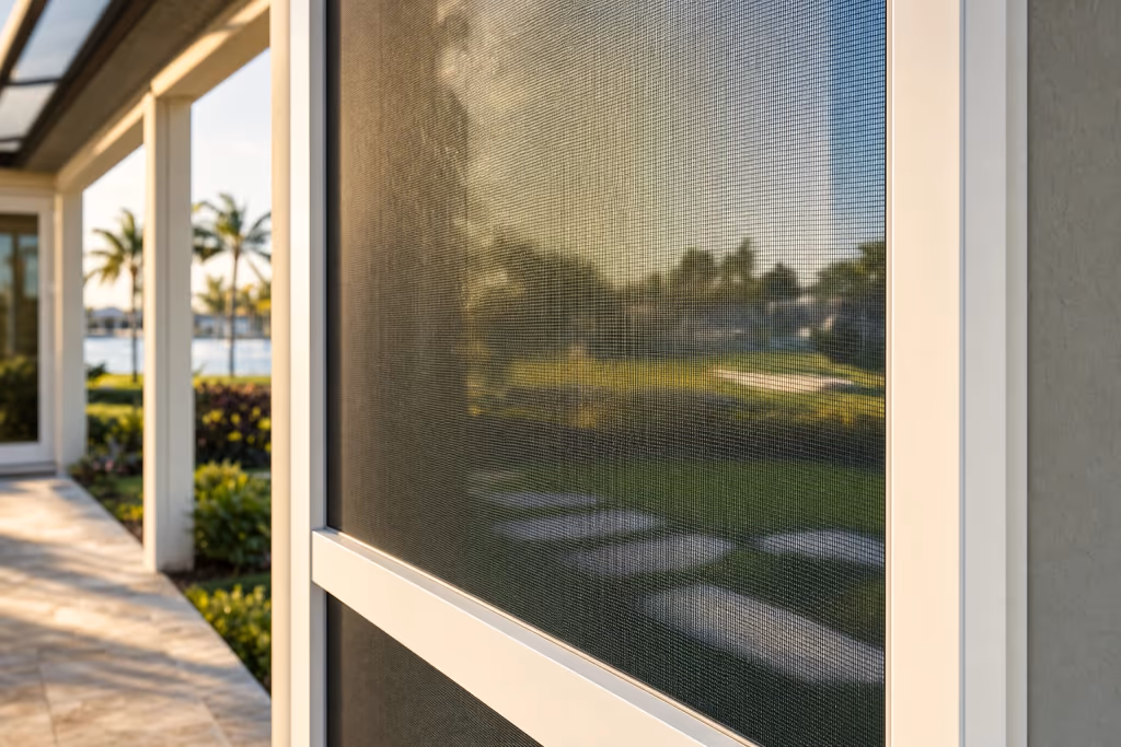 Close-up of a flawlessly rescreened Florida lanai side panel with tight charcoal mesh and a clean white aluminum frame