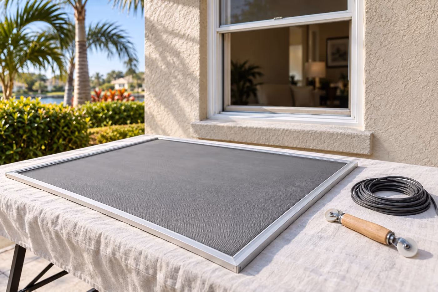 A window screen in a light aluminum frame lying on a covered work table outside the open window it came from, new gray mesh stretched tight, a coil of spline and a spline roller resting beside it