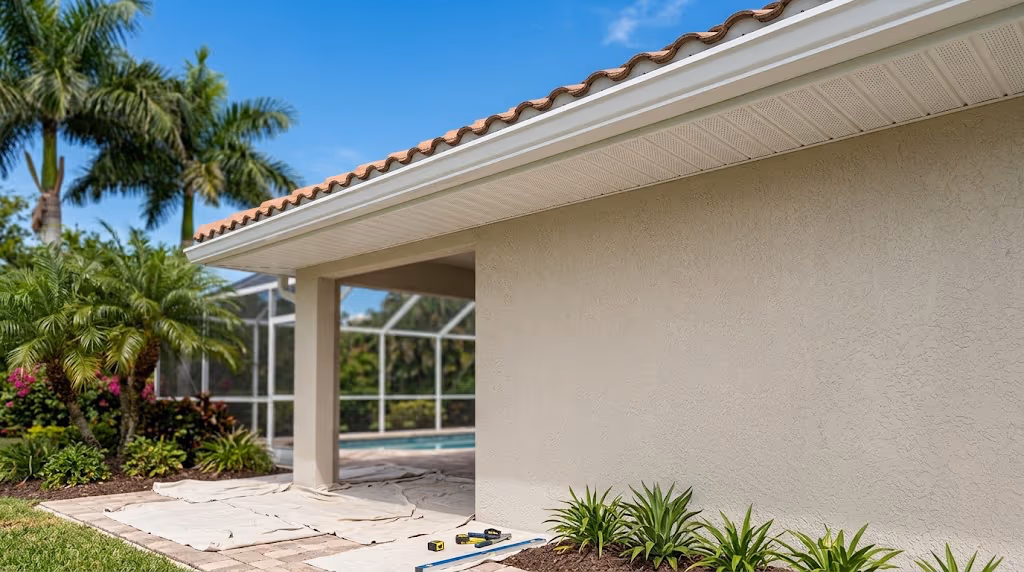White vented soffit and fascia running over a lanai opening, with drop cloths and tools below