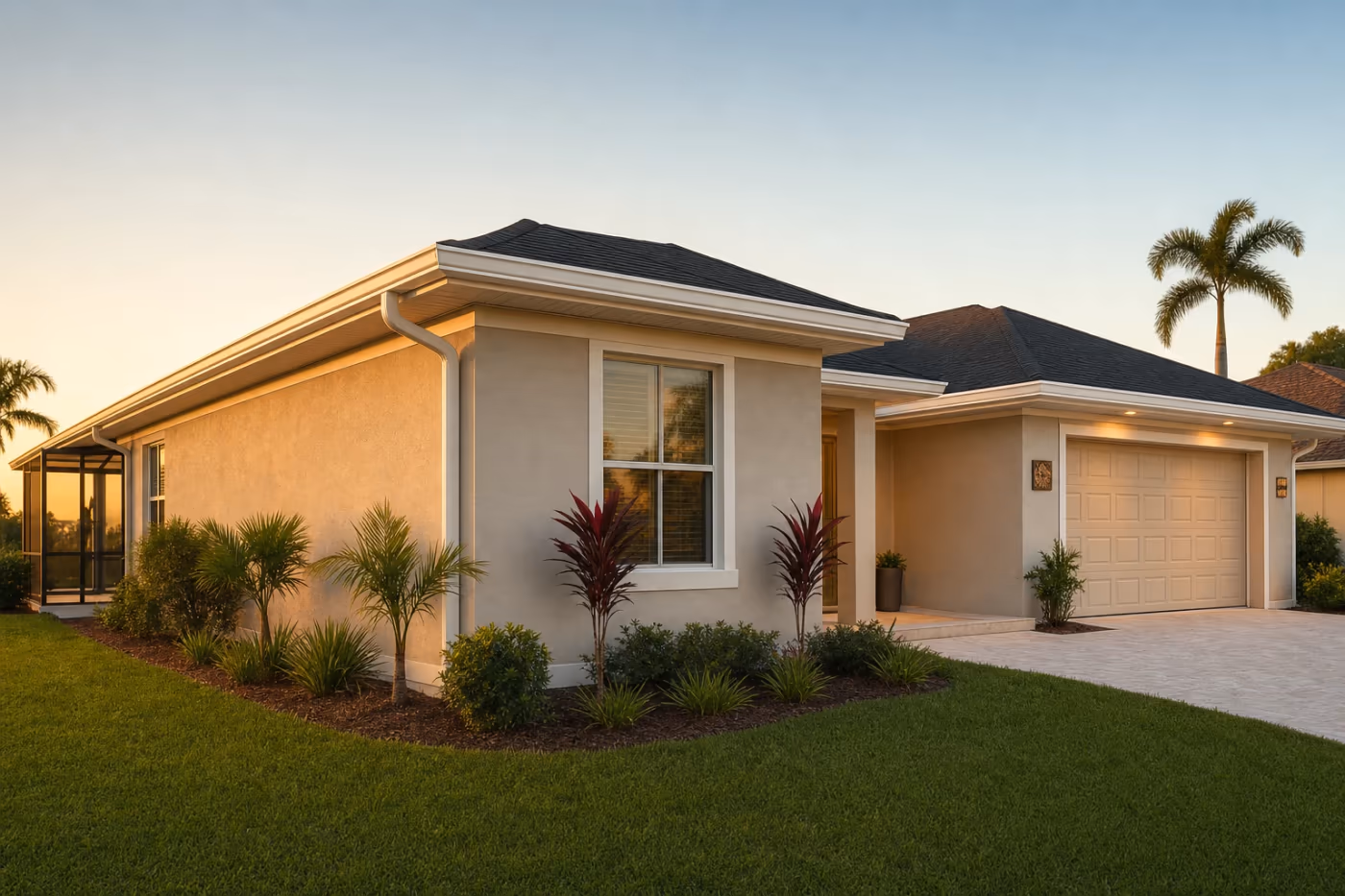 Wide view of a Florida home exterior with fully repaired, painted soffit and fascia along the entire roofline