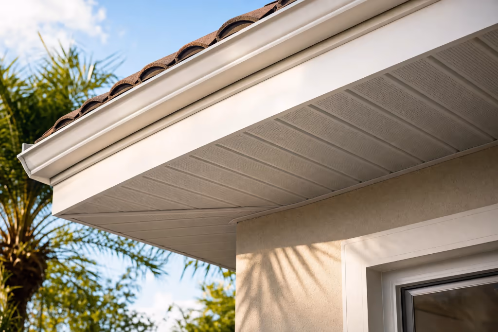 Close-up of a finished Florida home roofline with freshly repaired soffit panels and fascia boards painted to match the trim