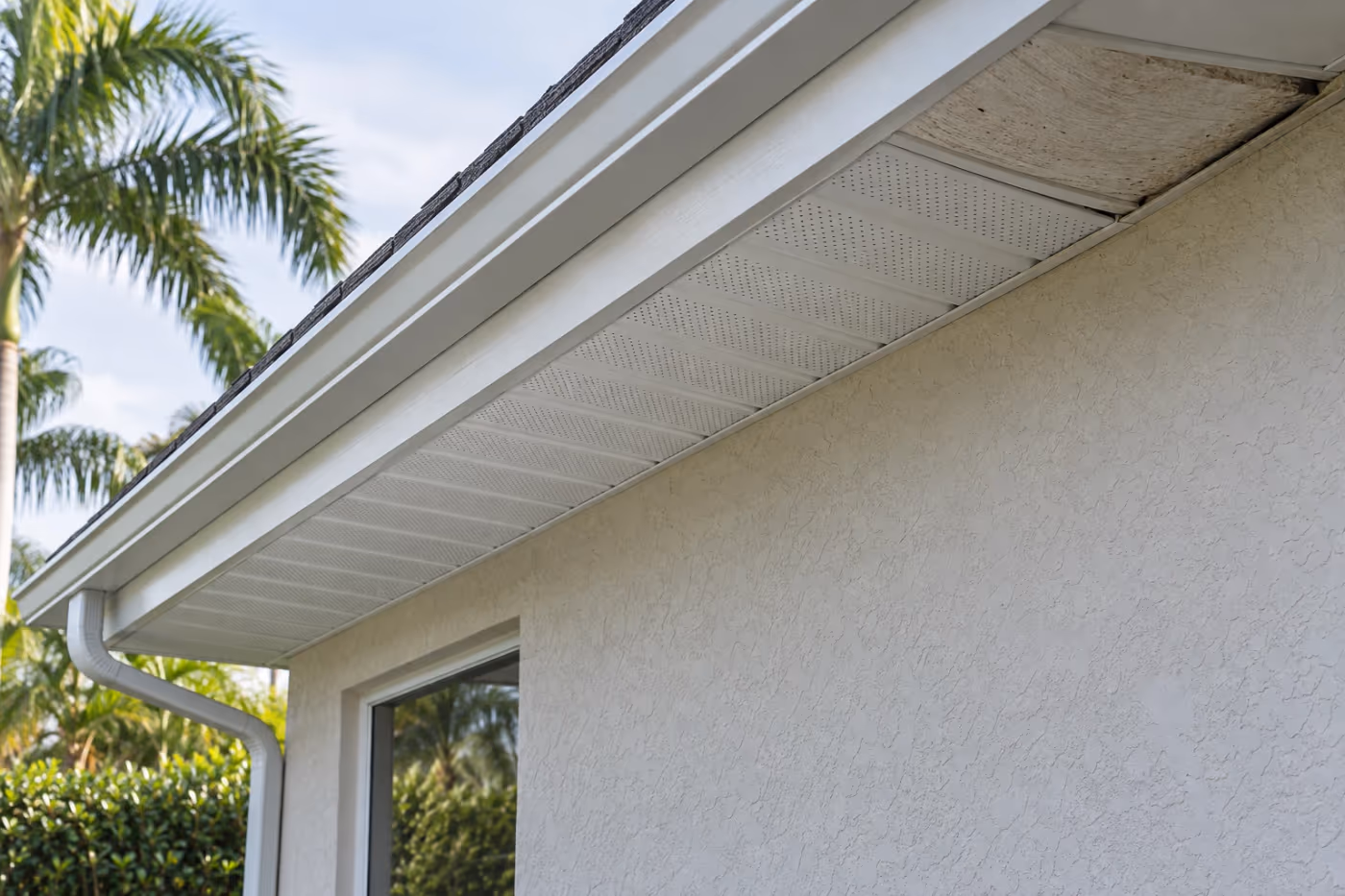 Underside of a Florida roof overhang with a run of new white vented soffit panels under a white gutter on a stucco house, one old stained panel still at the far end