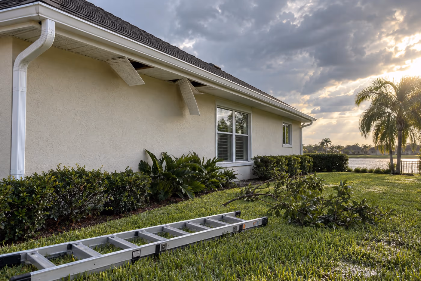 Side of a Florida home after a summer storm with two soffit panels peeled down under the eave, a fallen branch on the wet lawn, and a ladder lying flat on the grass
