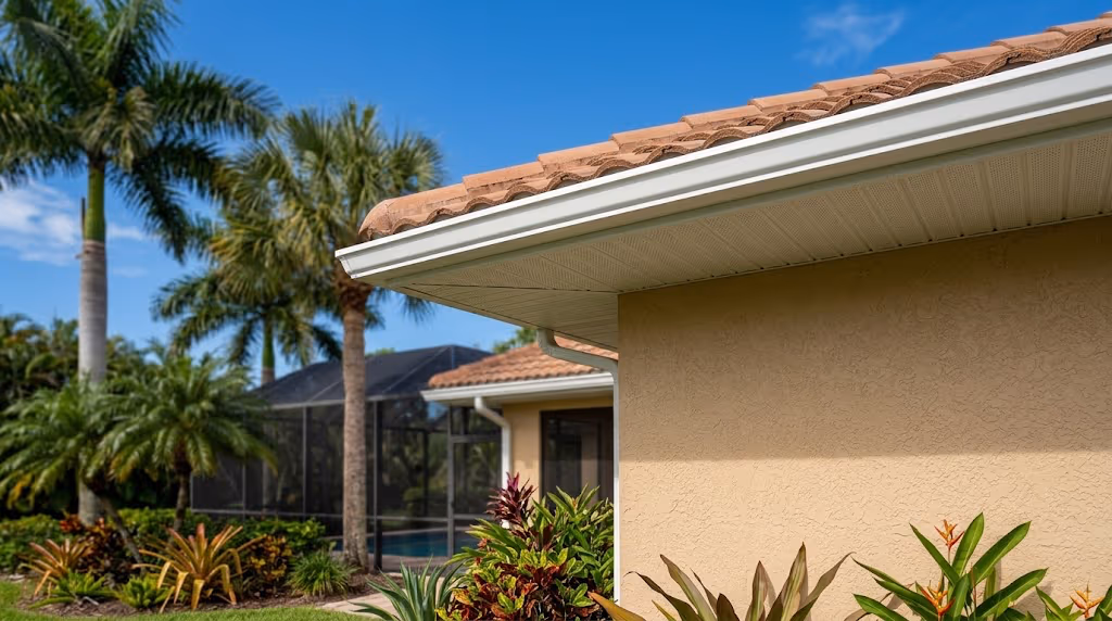 Close view of a Florida tile roof edge with white fascia and vented soffit against palm trees