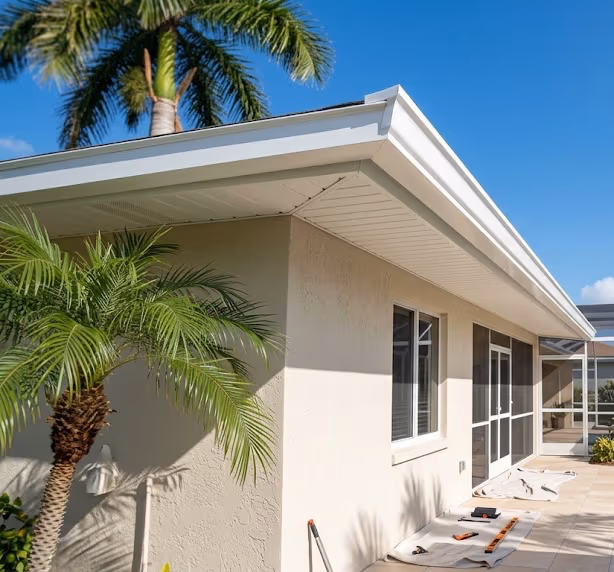 Fresh white fascia and vented soffit wrapping a Florida roofline corner, drop cloths below