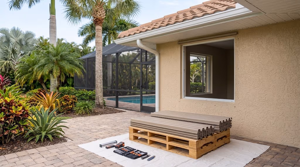 Metal hurricane shutter panels stacked on a pallet beside a Florida home with tools laid out