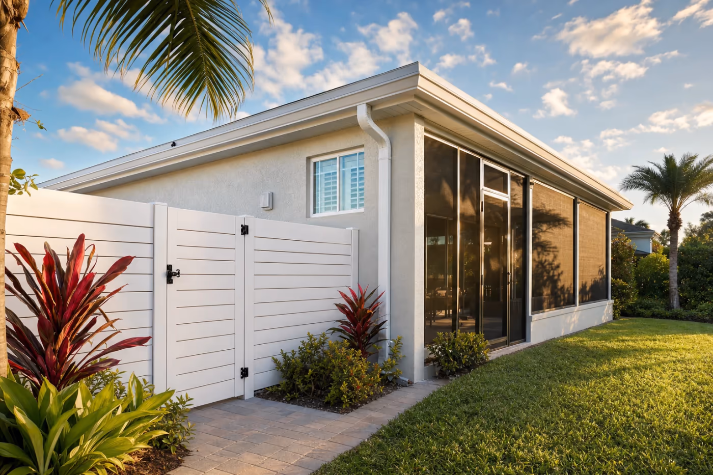 Wide view of a Florida home exterior after storm damage repair, with a straight privacy fence and gate, intact soffit and gutters, and a repaired screened lanai