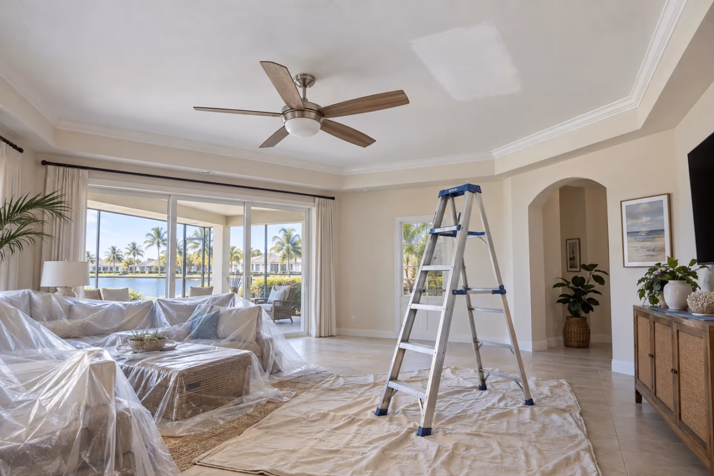 Bright Florida living room with a freshly patched and primed area on the white ceiling where a water stain used to be, a step ladder on a drop cloth and the furniture covered with plastic