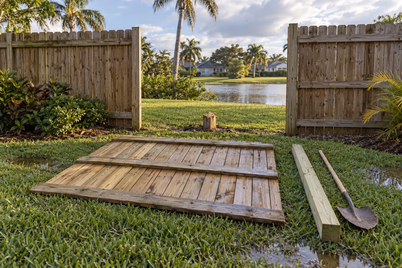 Florida backyard after a summer storm with one wood privacy fence panel blown flat on the wet grass in front of a snapped post, a new post and a shovel lying beside it