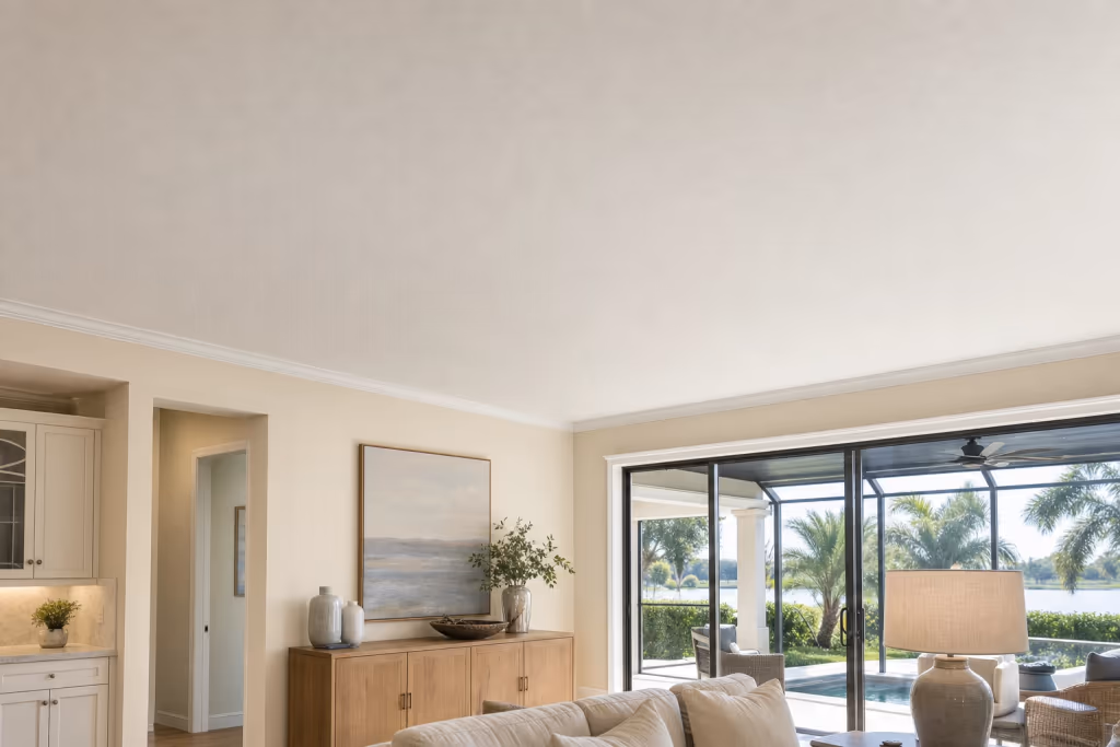 Close view of a finished Florida living room ceiling and wall after post-storm drywall and paint repair, with matched texture beside bright lanai light