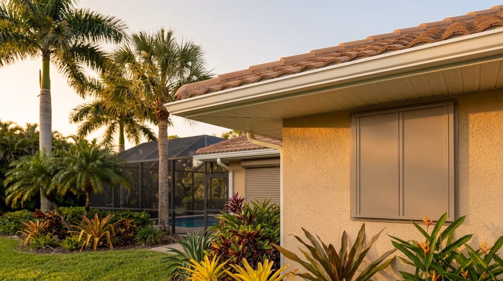 Florida tile roofline and a window covered with a storm shutter panel among palms
