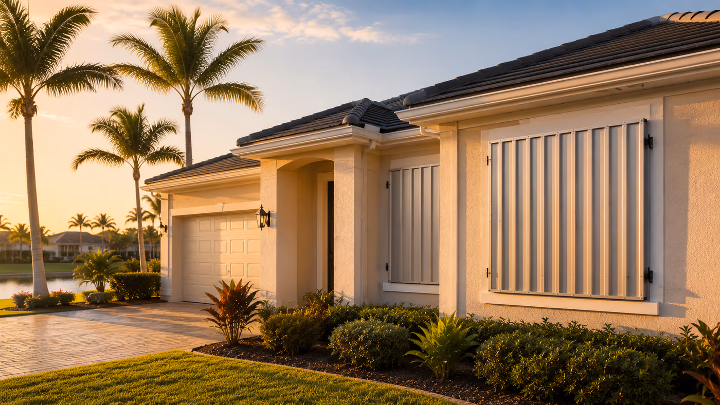 Florida home at dusk with hurricane shutters mounted over the windows